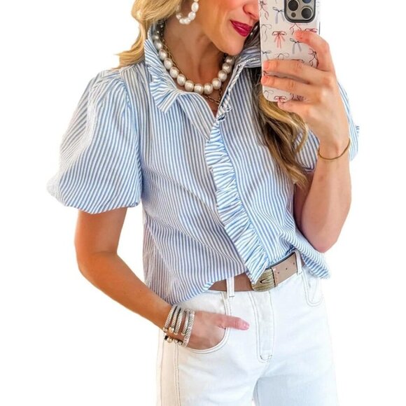 Tops - Women's Striped Button Down Shirt Casual Work Top Ruffle Stand Collar